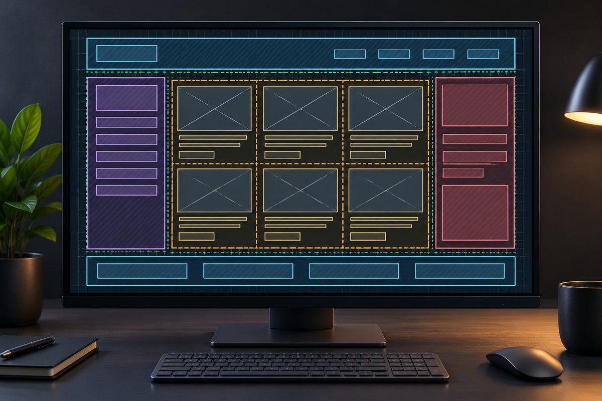 CSS grid wireframe architecture and component layout inspection on a developer screen.