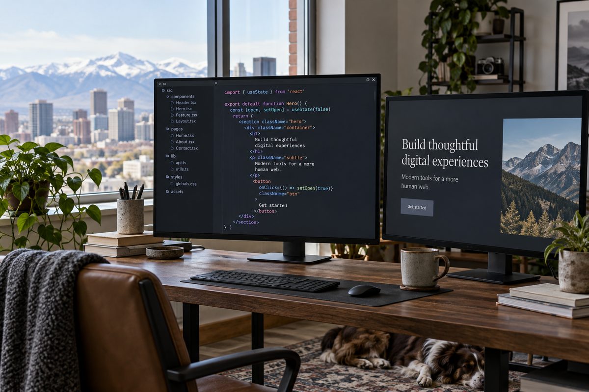Gorvansi studio desk displaying code editor and responsive typography proofs under neutral daylight.