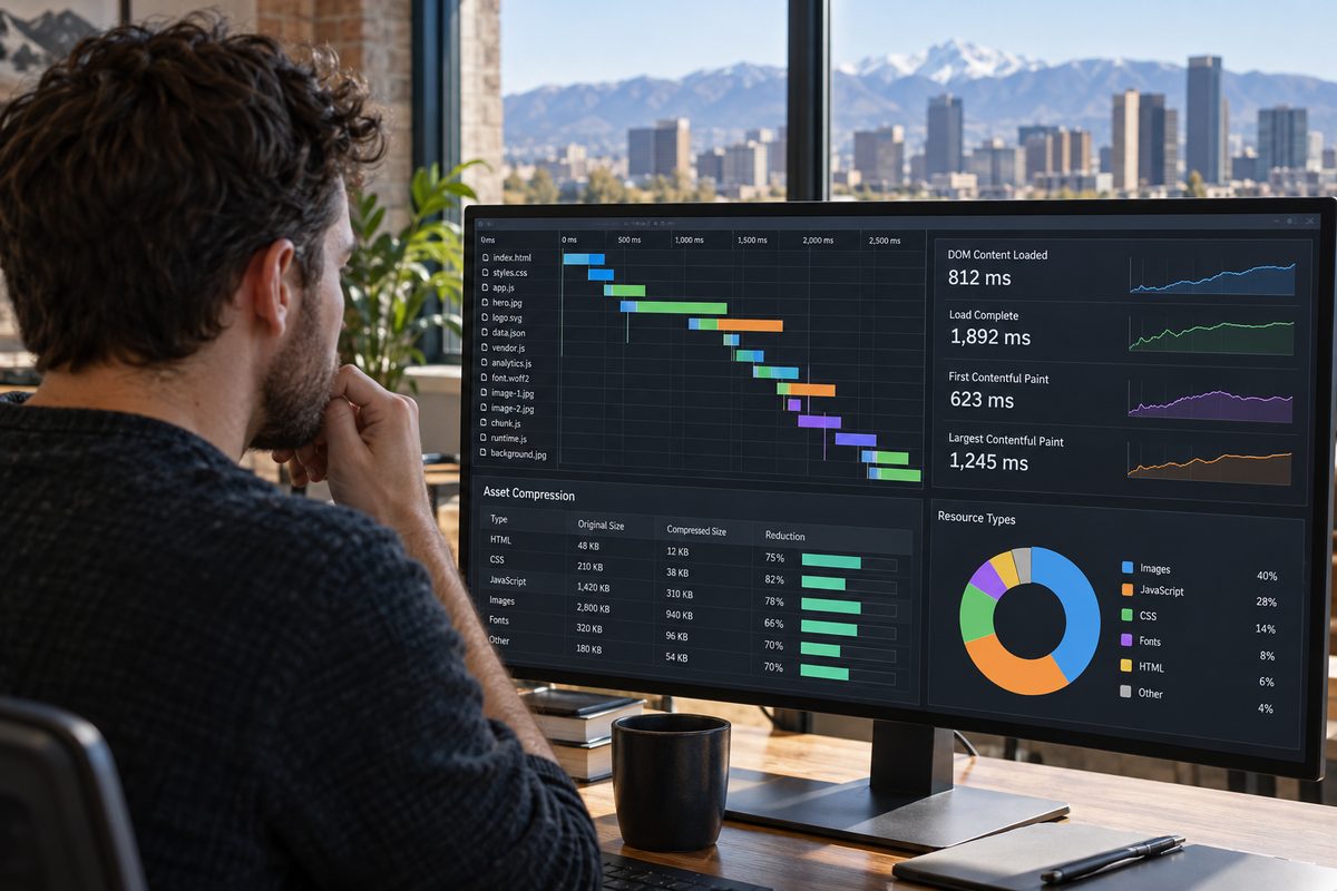 Web performance diagnostic panel displaying asset waterfalls and sub-second load milestones.