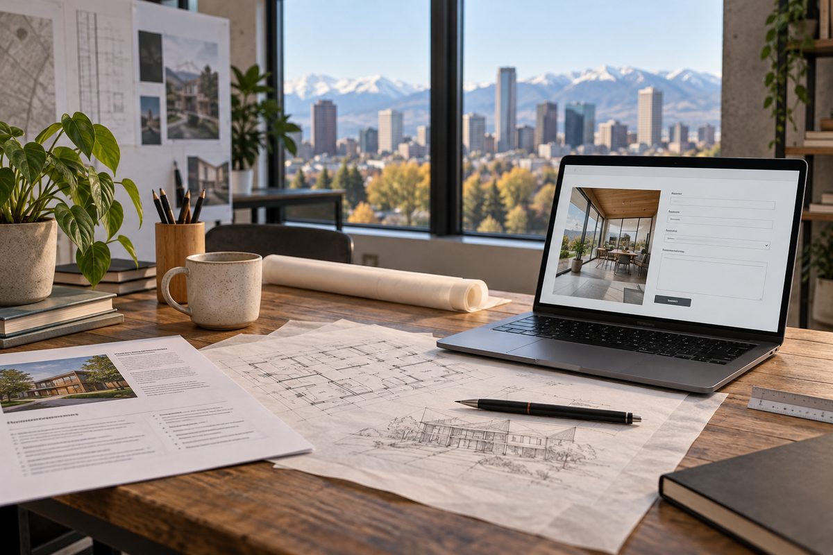 Project briefing documentation and technical specification notes on the studio consultation desk.