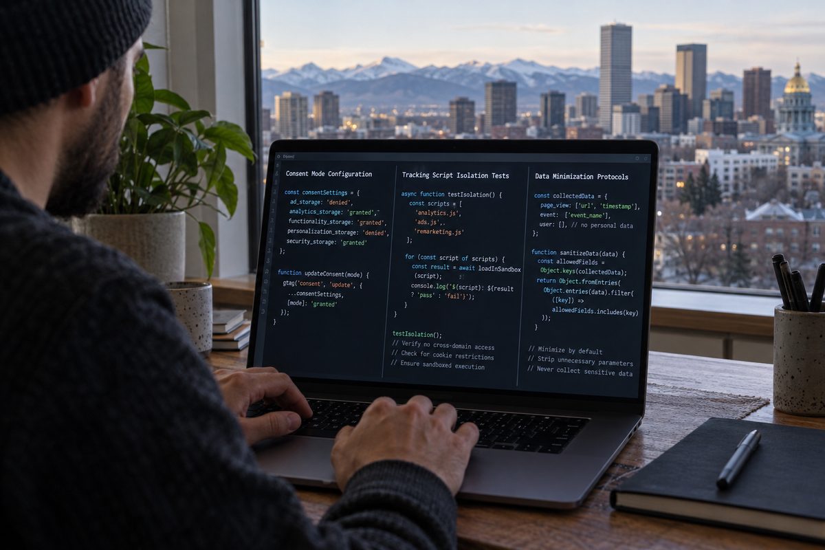 Technical data privacy controls and Consent Mode configuration parameters on a studio monitor.