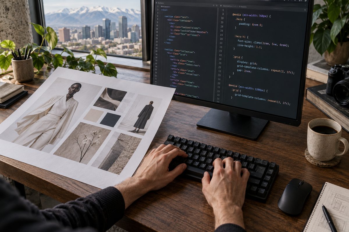 Developer translating precise typographic grid specifications into fluid CSS code.